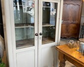 Antique French pine painted cream glass front cabinet