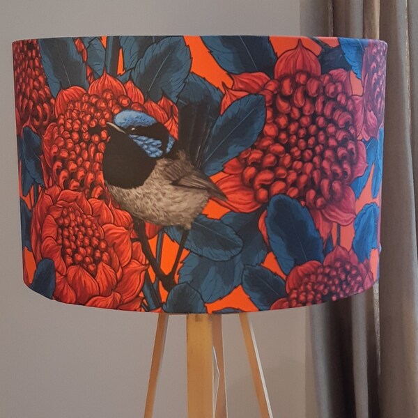 Bird Lampshade, Red Waratah and Fairy Wrens Lampshade, Floral Red, Orange & Blue Drum Lamp Shade, Large Lampshade, Hand Made Australia