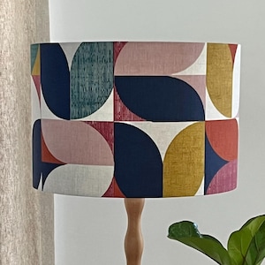 Geometric Multi-Coloured Cotton Fabric Lampshade | Mustard, Blue, Red Lamp Shade | UK Designer Fabric | Handmade Australia