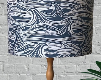 Wave, Sea Lampshade | Blue and White Waves | Drum Denim & White Lamp Shade | Made in Australia