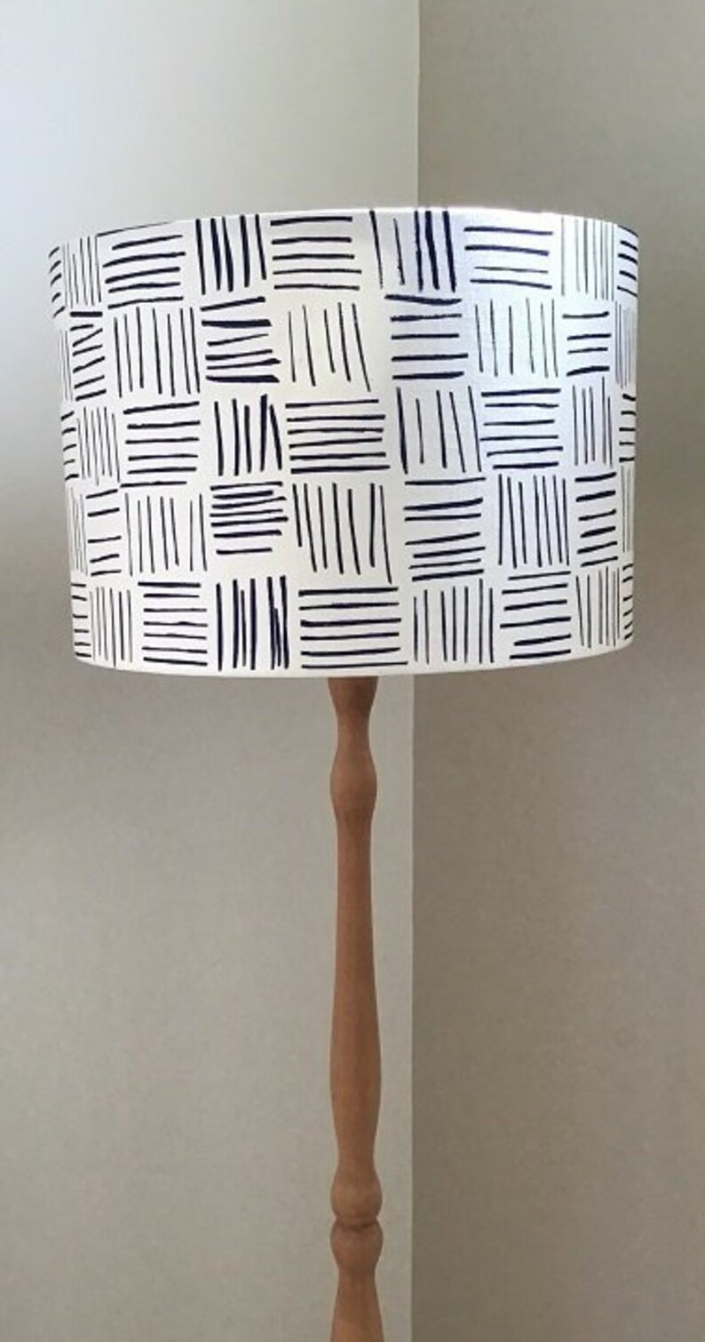 Lampshade Grey Black Red Orange Or Navy Stripes Lines White Natural Linen Screen Printed Drum Handmade In Australia