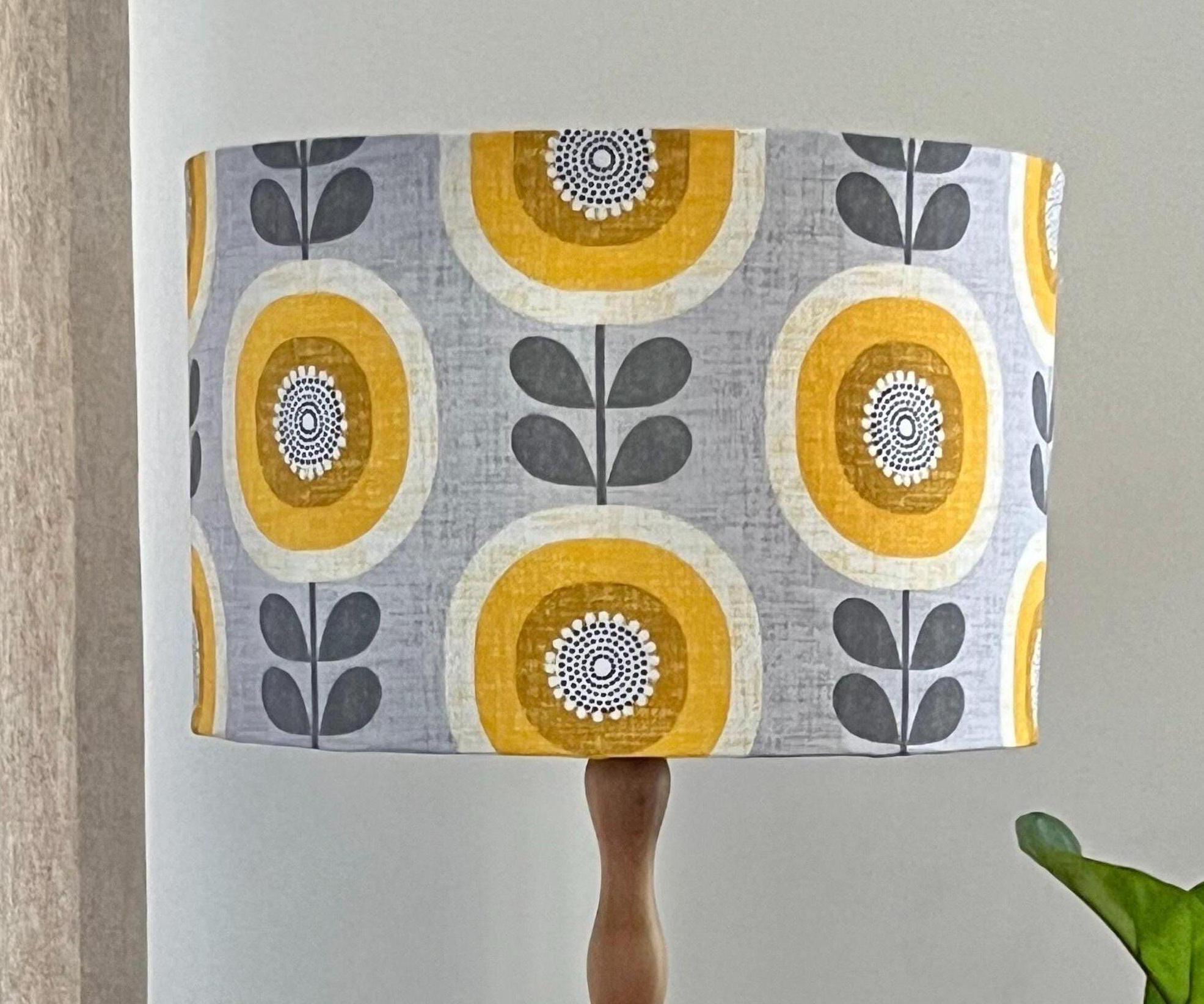 Yellow, Greys, Mustard White Lampshade| Mid Century Large Lampshade |  Floral Retro Lamp Shade | US Designer Fabric | Hand Made in Australia, image size:1971x1644