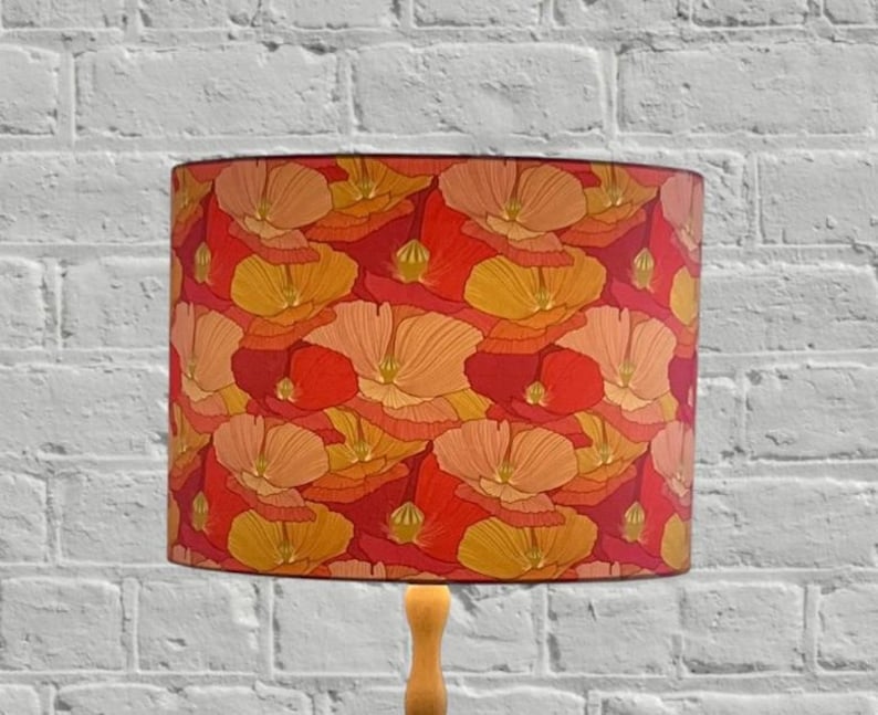 Abstract Red, Pink, Mustard Drum Lamp Shade | Multi-Coloured/Colored Floral Lampshade | Poppy, Wildflowers Lampshade | Hand Made Australia Bild 1