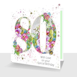Happy 80th Birthday Card : With Love on your Special Day with Bee Personalisation Option- Eighty Card-Floral Card for Mum Birthday for her