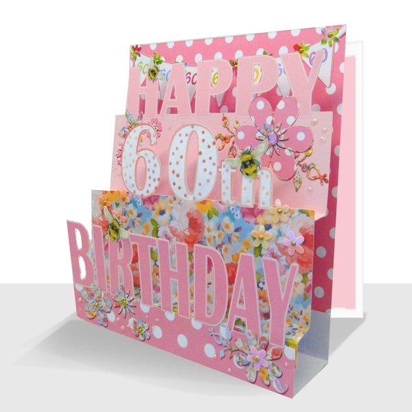 Pop Up 60th Birthday Card - Personalised Option-Floral Happy Birthday Card-Luxury 3D Card-Handmade-Sixty-Birthday Girl-Pink Sixtieth Card