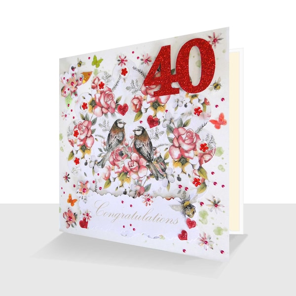 Ruby Wedding Anniversary Card: Luxury 40th Congratulations Card Forty Card -40th Greeting Card Love Birds and Red Roses