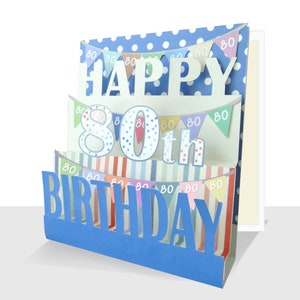 Pop Up 80th Birthday Card - Personalised Option-Stripes Spots & Bunting-Luxury 3D Card-Handmade-Eighty-Birthday Boy-Eightieth Card-80th Male