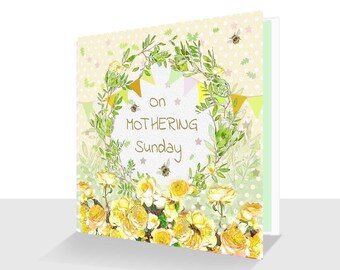 On Mothering Sunday Card with Yellow Roses and Bees Mum Card-Personalisation Option-Luxury Mothering Sunday Bee Card-Handmade-Springtime