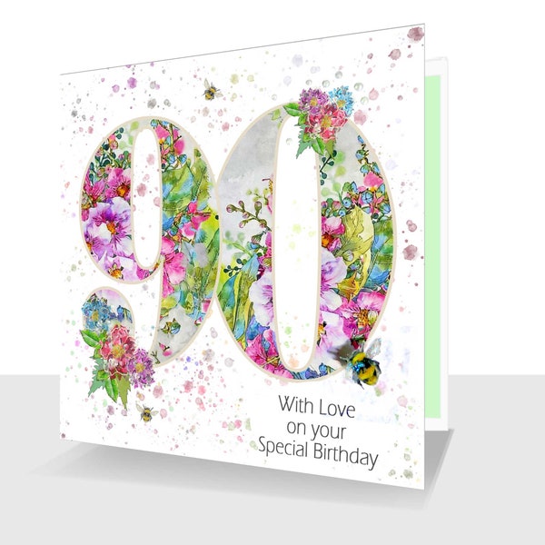 Happy 90th Birthday Card : With Love on your Special Day with Bee Personalisation Option- Ninety Card-Floral Card for Mum Birthday for her