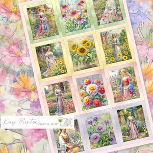May include: A decorative sheet with watercolour paintings of women in gardens and floral arrangements. The artwork includes sunflowers, dahlias, and coneflowers, with a soft, pastel colour palette. The artist's name, "Kay Burton, Creative Artist," is visible.