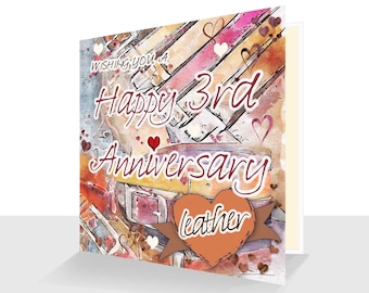 3rd Anniversary Card Leather Anniversary Card UK Third Anniversary Personalised Option 3rd Anniversary card for him 3rd Anniversary card her