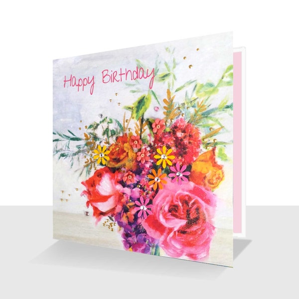 Embellished Happy Birthday Card Roses and Wallflowers Hand Finished Personalised Message Option