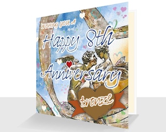 8th Anniversary Card: Bronze Wedding Anniversary Card Personalised Option-Handmade Card for Her or Him Watercolour Design