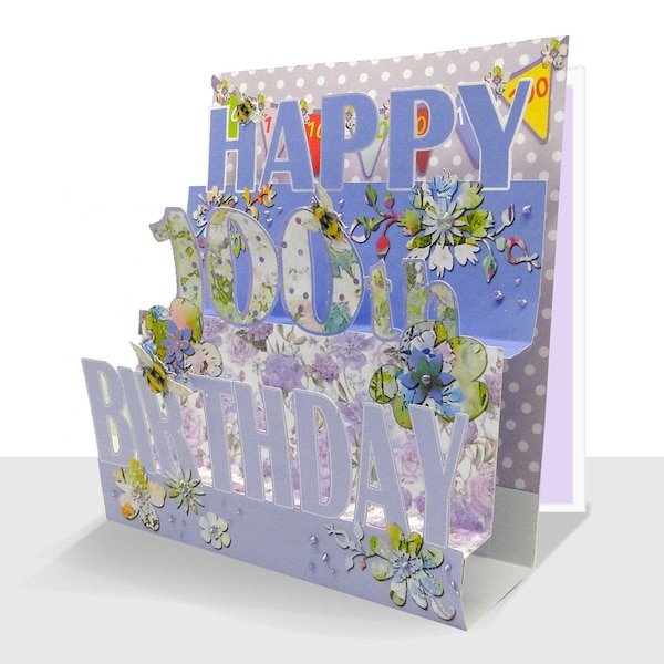 Pop Up 100th Birthday Card - Personalised Option-Purple Floral Happy Birthday Card-Luxury 3D Card-Handmade-One Hundred-Birthday Hundredth