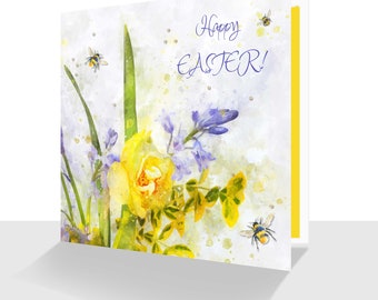 Luxury Happy Easter Card-Personalisation Option-Luxury Happy Easter Card-Spring Flowers Watercolour Handmade- Unique Springtime April