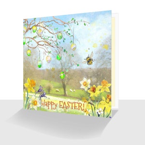 Unique Easter Landscape Card -Personalisation Option-Luxury Happy Easter Card-Spring Flowers-Yellow Daffodils-Bee Card- Luxury Easter Card