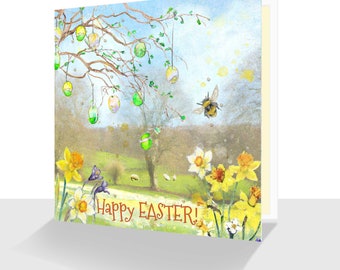 Unique Easter Landscape Card -Personalisation Option-Luxury Happy Easter Card-Spring Flowers-Yellow Daffodils-Bee Card- Luxury Easter Card