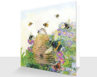 Bees Greeting Card : Watercolour Blank Inside- Cute - Nature- Honey-Colourful Flowers - Beehive-Personalised Option