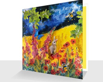 Poppy Meadow 3D Embellished Card Happy Birthday Summer Theme -Luxury Hand Finished-Blank inside-Personalised Option Rabbit-Bees-Butterfly