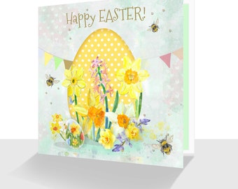 Yellow Easter Egg Card -Deluxe Easter Card--Personalisation Option-Luxury Happy Easter Card-Spring Flowers-Bee Card