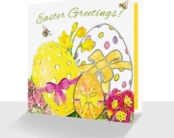Pretty Easter Greetings Card –Easter Greetings - Daffodils, Easter Eggs And Bees – Personalisation Option
