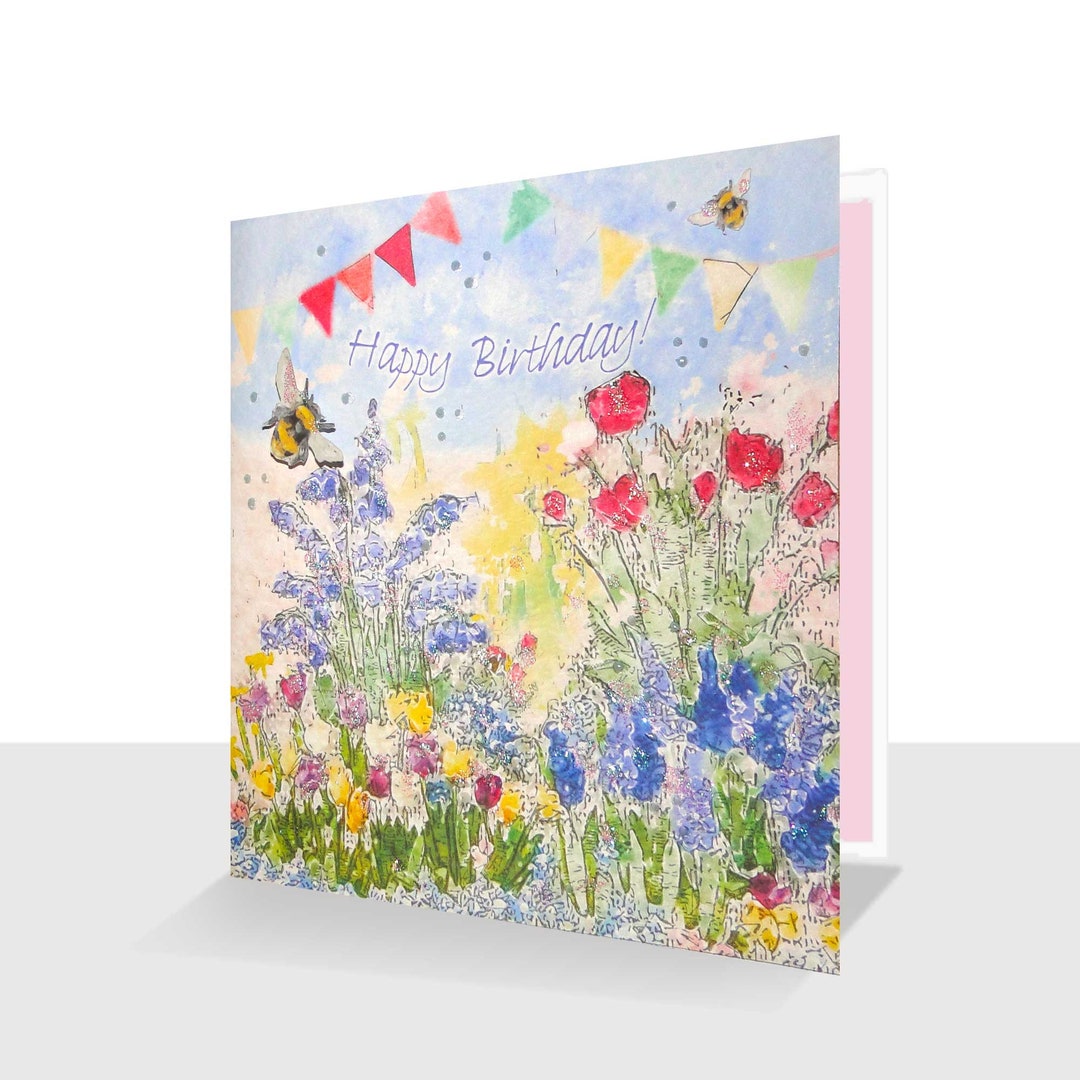 Happy Birthday Card Garden Flowers Pink and Etsy UK