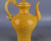 Big Beautiful Chinese Antique Old Ming Dynasty Hong Zhi Emperor 明代弘治 Yellow Glazed Porcelain Hand painting Dragon Teapot