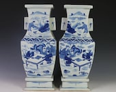Pair of Beautiful Chinese Antique Qing Blue White Porcelain Figure Vase