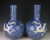 A Pair Delicate Chinese Antique Yuan Blue White Porcelain Dragon GlobularShape Vase