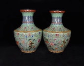 A Pair Beautiful Chinese Antique Old Ming Dynasty Qian Long Emperor 清代乾隆 Famille Rose Porcelain Hand painting Flowers Plants Vase