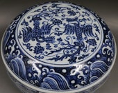 Nice Chinese Antique Old Ming Dynasty Xuan De Emperor 明代宣德 Blue White Porcelain Hand painting Phoenix Fruit Box