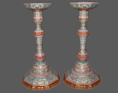 Rare Unique Chinese Antique Pair of Da Qing QianLong Dynasty Famille-Rose Porcelain Candle Stick With Flowers