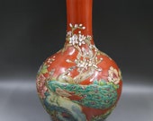 Rare Fine Big Chinese Antique Qing Dynasty Qian Long 清代乾隆 Colored enamel Porcelain carving bird Globular Shape Vase