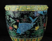 Big Beautiful Chinese Antique Old Ming Dynasty Jia Jing Emperor明代嘉靖 Faffa color Porcelain Hand painting Fish Crock