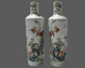 Rare Unique Chinese Antique Pair of Da Qing QianLong Dynasty Famille-Rose Porcelain Vase With Flowers Plants