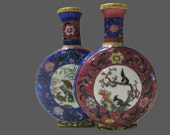 Rare Unique Chinese Antique Da Qing QianLong Dynasty Famille-Rose Porcelain Flat Vase With Flowers Birds