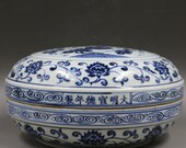 Fine Chinese Antique Old Ming Dynasty Xuan De Emperor 明代宣德 Blue White Porcelain Hand painting Pumpkin Fruit Box