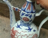 Beautiful Chinese Antique Ming Dynasty Xuan De 明代 Blue White Underglaze Red Porcelain Dragon Teapot