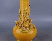 Big Beautiful Chinese Antique Old Ming Dynasty Hong Zhi Emperor 明代弘治 Yellow Glazed Porcelain Hand painting Peach Vase