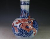 Beautiful Chinese Antique Qing Blue White Underglaze Red Porcelain Dragon GlobularShape Vase