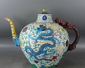 Big Beautiful Chinese Antique Old Ming Dynasty Jia Jing Emperor 明代嘉靖 Reva color Porcelain Hand painting Dragon Teapot