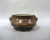 Unique Rare Beautiful Chinese Antique Da Qing Qian Long Old Copper Bronze 鼎 Censer With Two Lion Ear Pattern