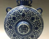 A Pair Great Unique Chinese Antique Qing Dynasty Blue White Porcelain Flowers Plants Flat Vase