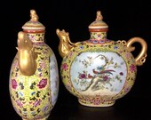 A Pair Rare Big Chinese Antique Qing Dynasty Yong Zheng 清代雍正 Famille Rose Porcelain Flowers Bird Teapot