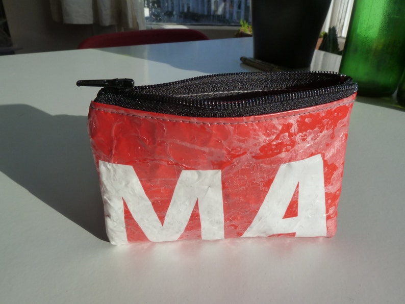 Upcycled Plastic Bag Zip pouch Pelican 104 red with black zip large coin purse or card holder