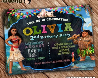 SALE 50% OFF Moana Birthday Invitation, Printable Invite, Invitation for Girl or Boy, Moana Theme, Maui, Pua, Hei Hei, Wave , Beach, Pool,