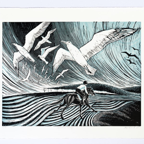 Beach with birds and galloping horses. Two colour lino cut by Aga Karmol