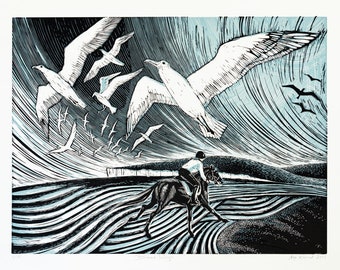 Beach with birds and galloping horses. Two colour lino cut by Aga Karmol