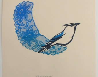 Limited edition screenprint. Bird and lace. By Catherine Cartwright. Fine art print