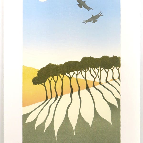 Devon trees with sadows and birds. Lino cut by Steve Manning